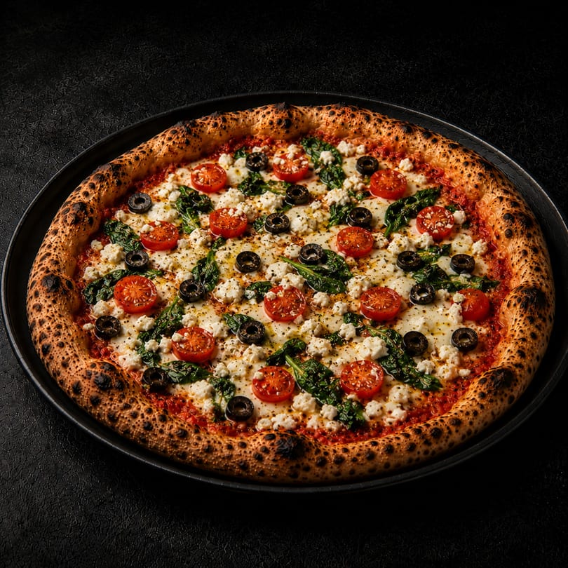 A freshly baked pizza with cherry tomatoes, black olives, spinach, and feta cheese on a dark background.