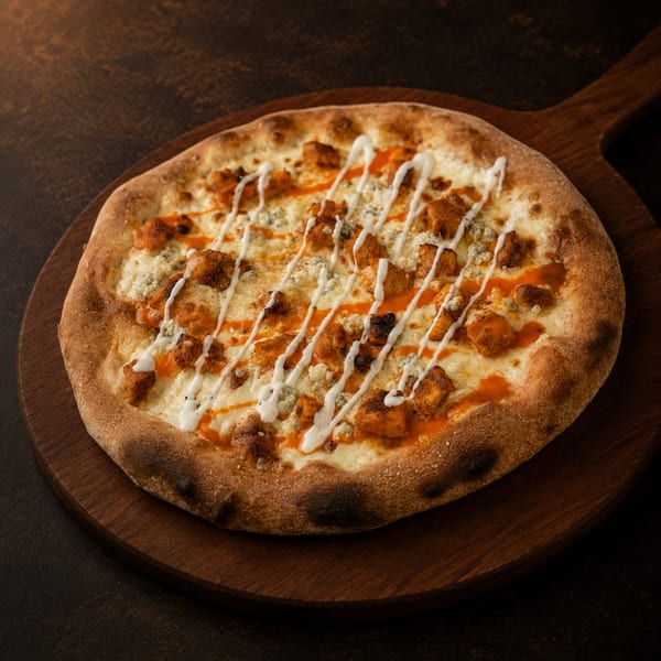 Buffalo chicken pizza with blue cheese crumbles and ranch drizzle on a wooden paddle.