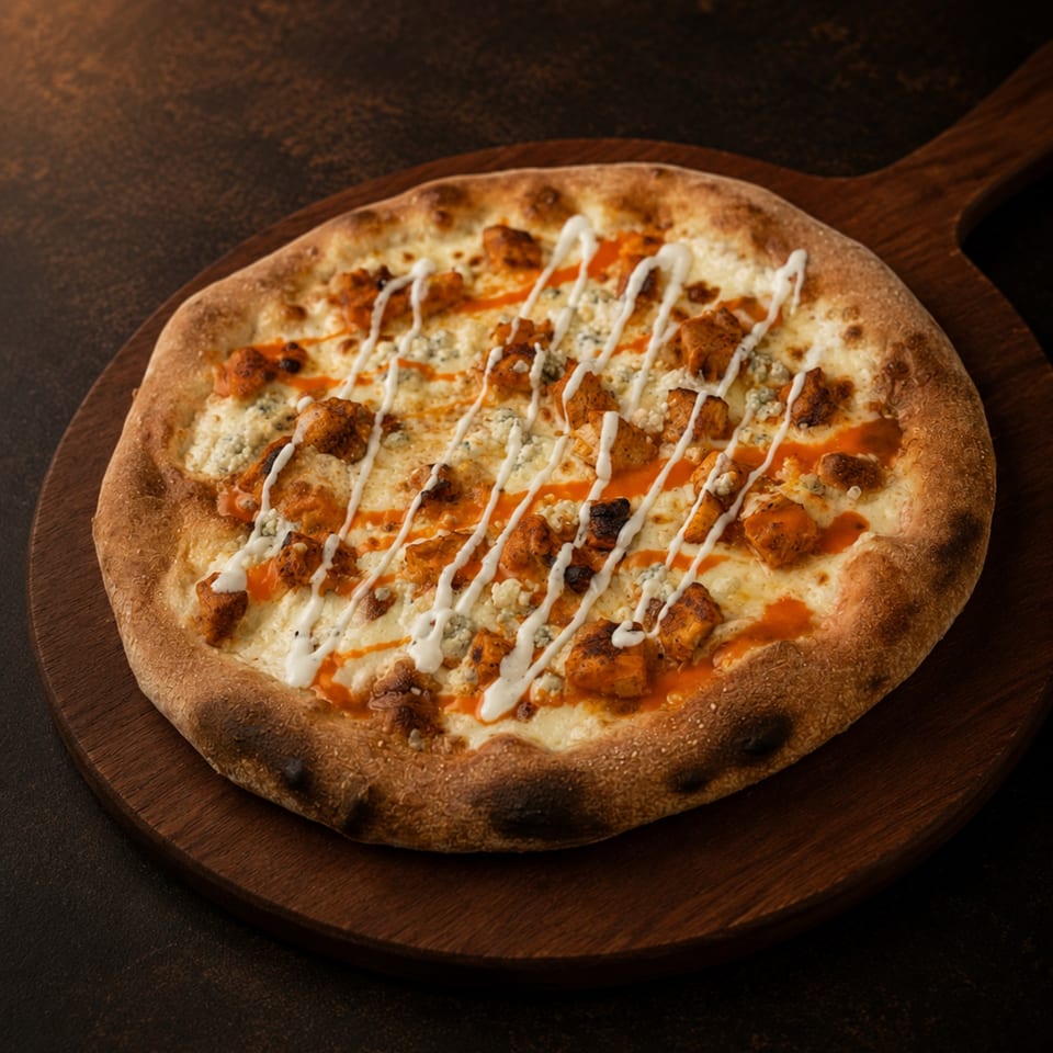 Buffalo chicken pizza with blue cheese crumbles and ranch drizzle on a wooden paddle.