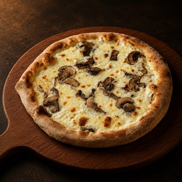 A mushroom and cheese pizza on a wooden serving board, viewed from above.