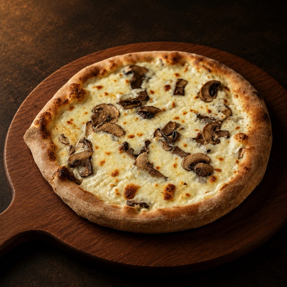 A mushroom and cheese pizza on a wooden serving board, viewed from above.
