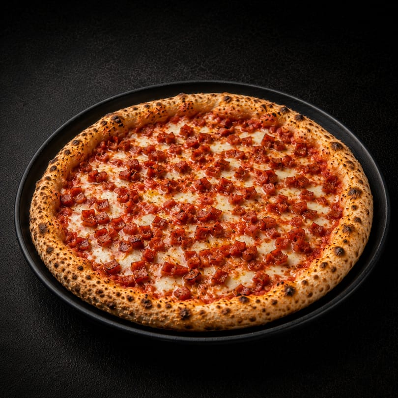 A whole pepperoni pizza with a thick, bubbly crust on a black plate against a dark background.