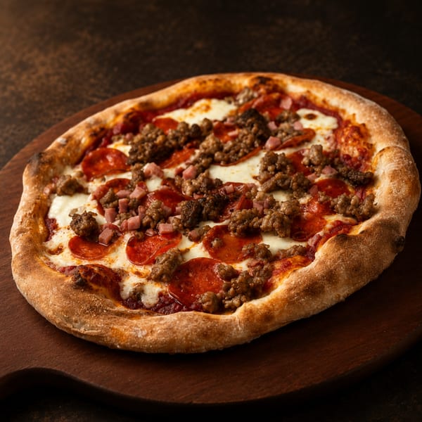 A freshly baked meat lover's pizza, topped with pepperoni, sausage, and ham, on a wooden paddle.