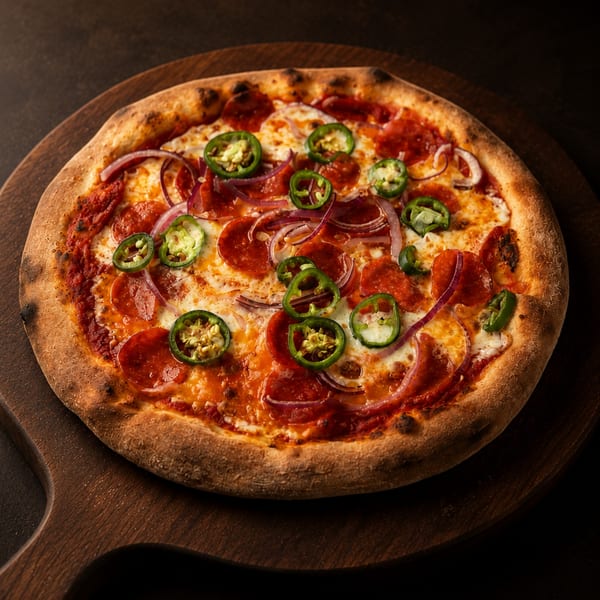 Pepperoni pizza with red onions and jalapeños on a wooden pizza peel.
