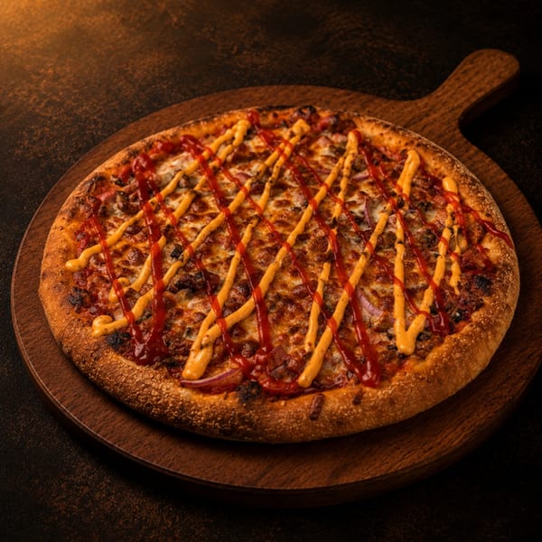 A whole pizza with red and yellow sauce drizzled on top, on a wooden serving board.