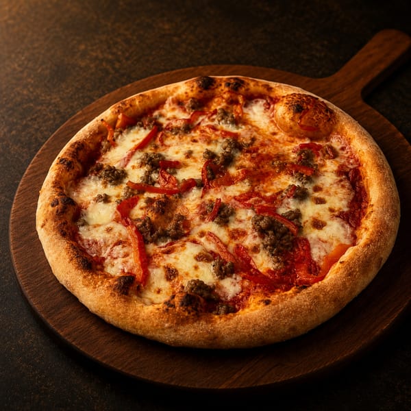 A freshly baked pizza with ground meat, red peppers, and melted cheese on a wooden paddle.
