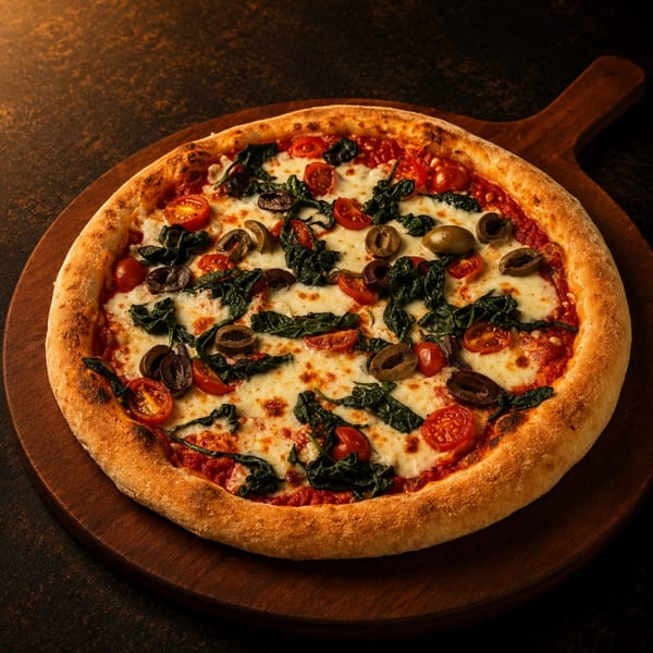 Freshly baked pizza with melted mozzarella, spinach, cherry tomatoes, and olives on a wooden board.