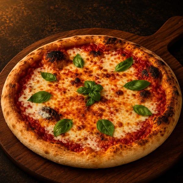 A freshly baked Margherita pizza with melted cheese, red sauce, and basil leaves on a wooden board.