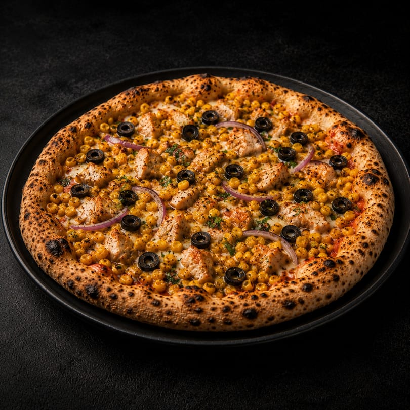 A whole pizza with chicken, corn, black olives, and red onion on a dark plate.