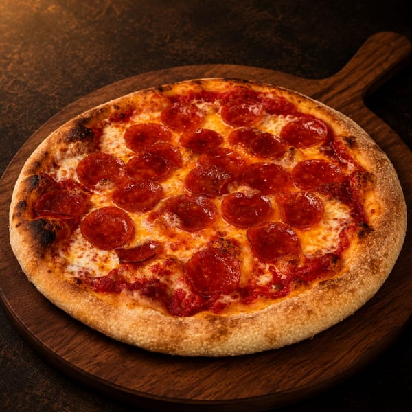 A freshly baked pepperoni pizza with melted cheese and a crispy crust on a wooden board.